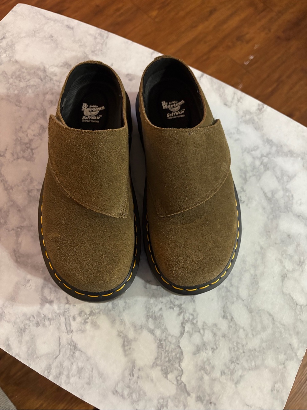 Dr. Martens Olive Suede Slip-On Mules with Yellow Stitching